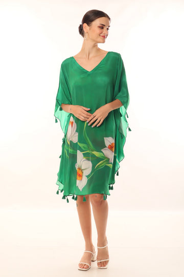 Green White Daffodil Floral Kaftan